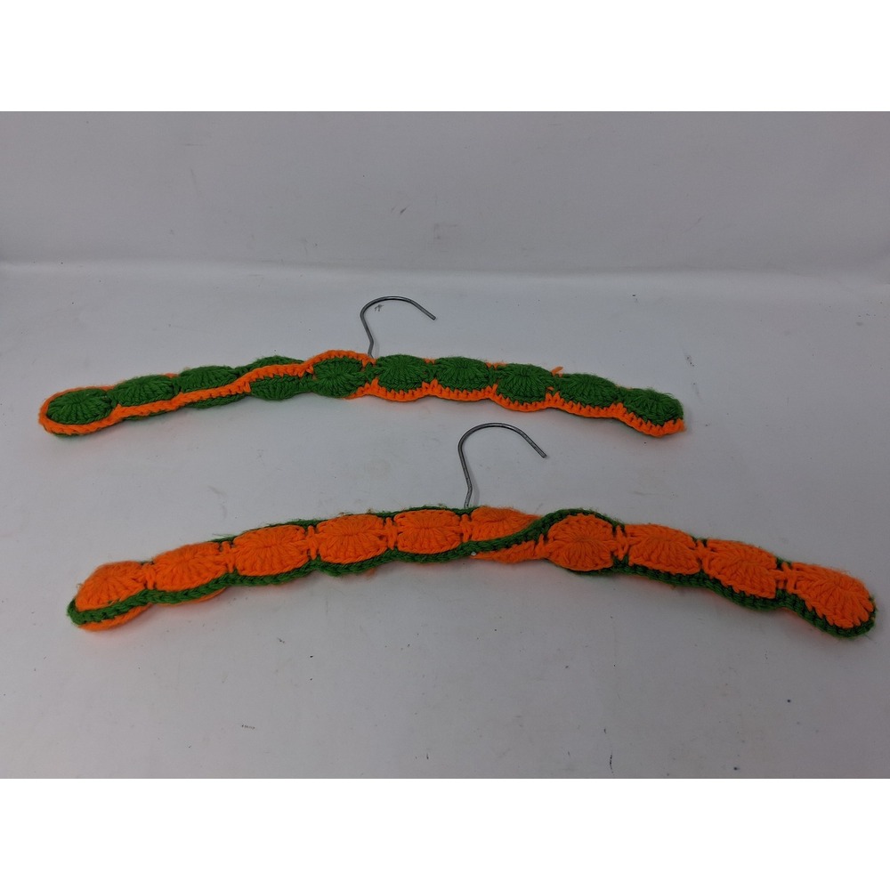 Vintage Handmade Crochet Padded Hanger Set of 2 Orange Green Retro Boho Decor. S